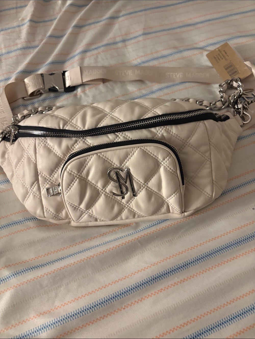Steve Madden Quilted Cream Leather Crossbody Belt Bag with Silver Hardware